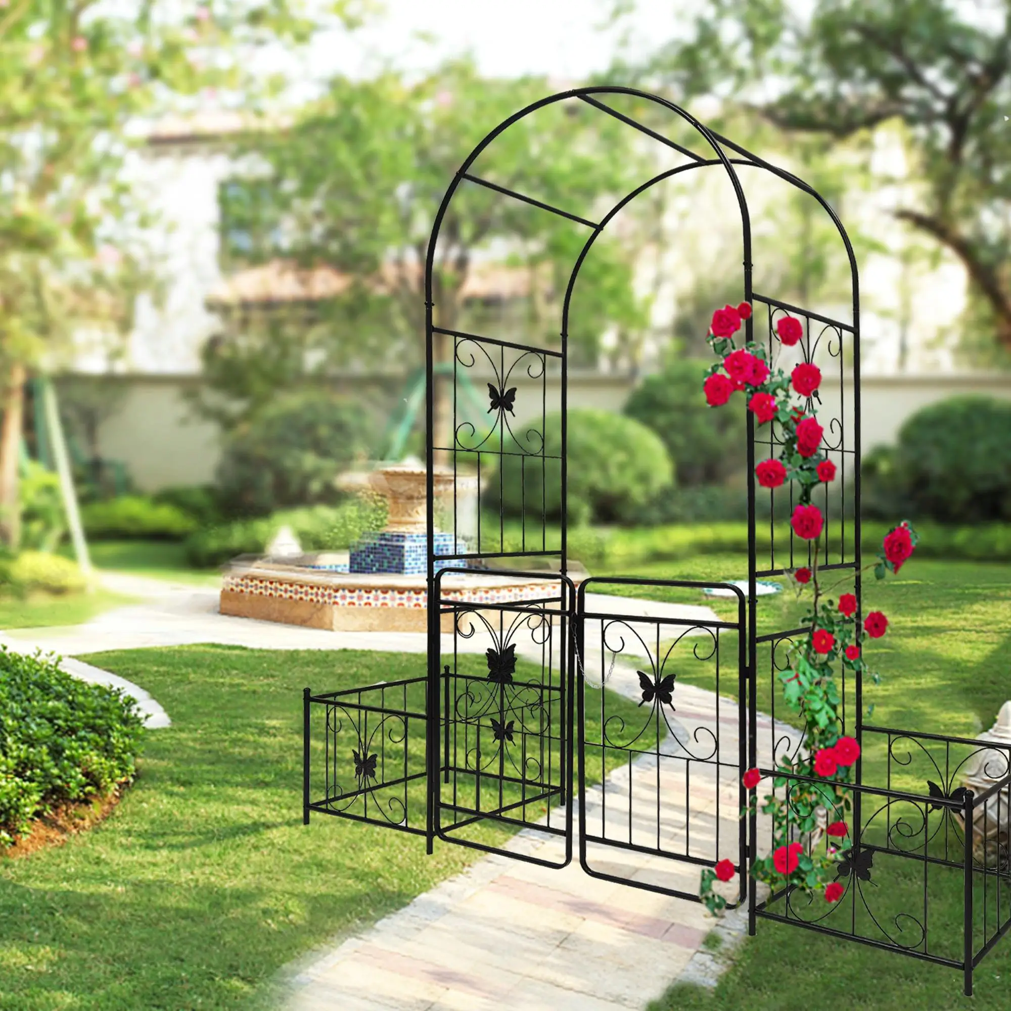 Black Metal Garden Arch with Gate - 79.5'' Wide x 86.6'' High for Climbing Plants and Roses