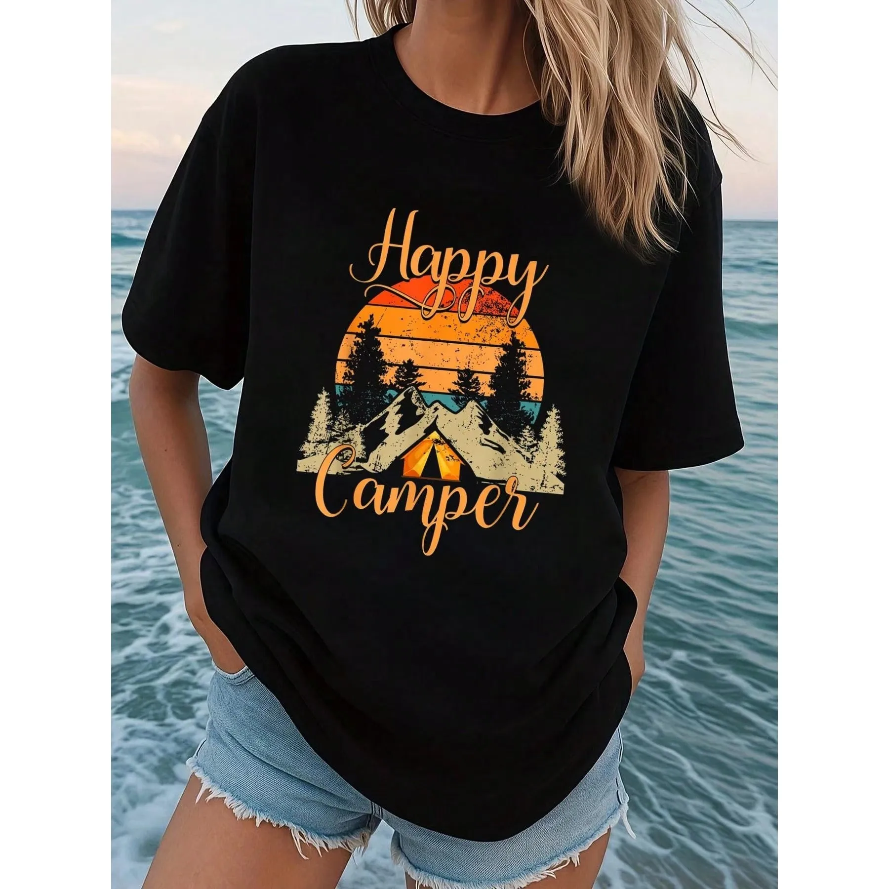 Happy Camper Camping Campfire Camp Summer Vacation Vintage T-Shirt, Summer Outfits For Women