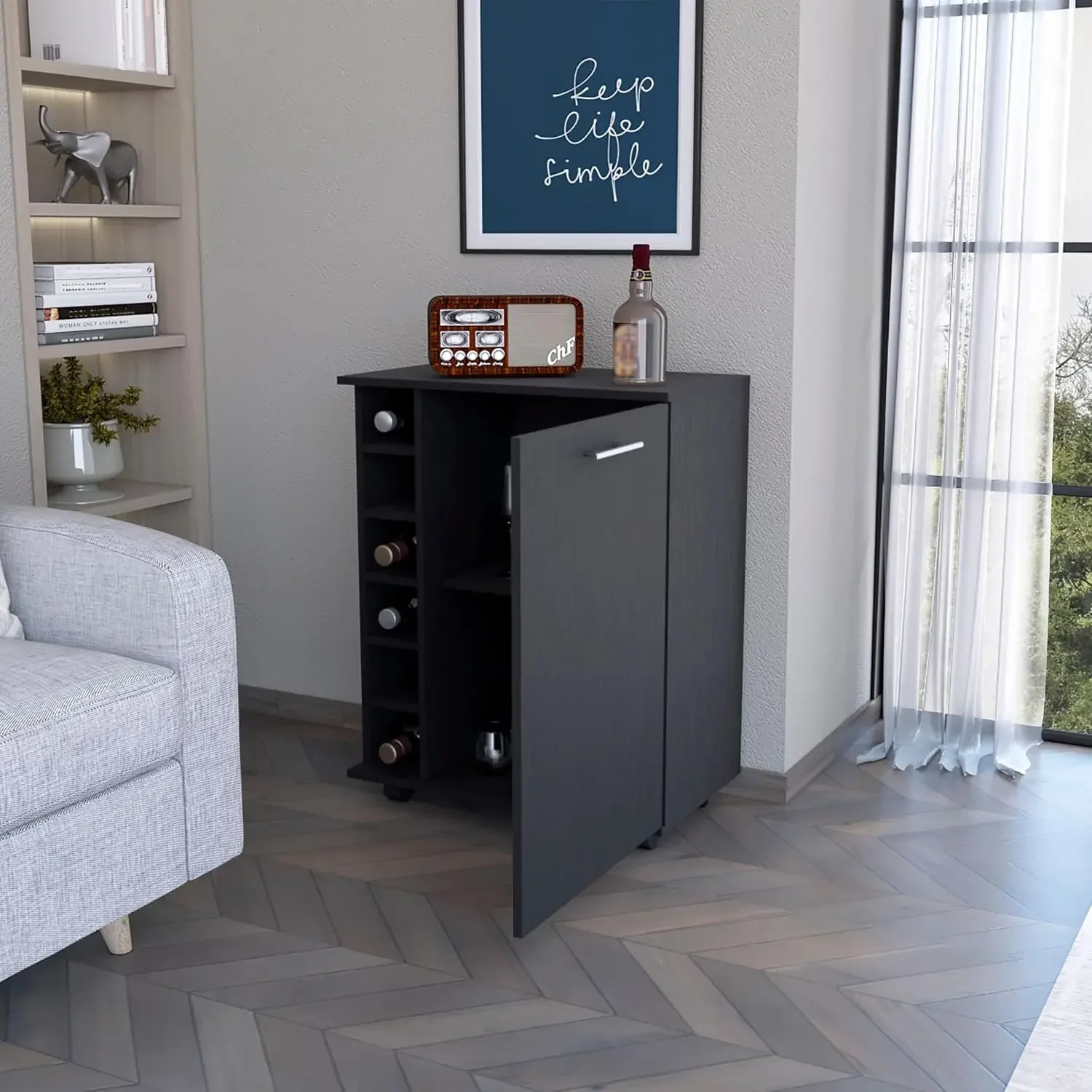 Wenge Rolling Kitchen Island Bar Cart with Wine Rack and Storage Cabinet | Mobile Serving Station with Four Smooth Casters and E