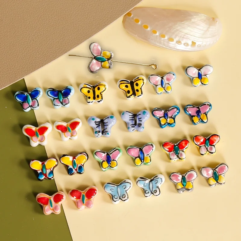 Hand-painted butterfly ceramic straight hole beading DIY handmade material necklace bracelet accessory