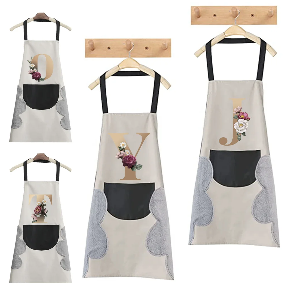 Hand-wiping Cooking Kitchen Apron Women Waterproof Adult Waist Apron Coffee Overalls Wipe Gold 26 Letter Pattern Studios Uniform