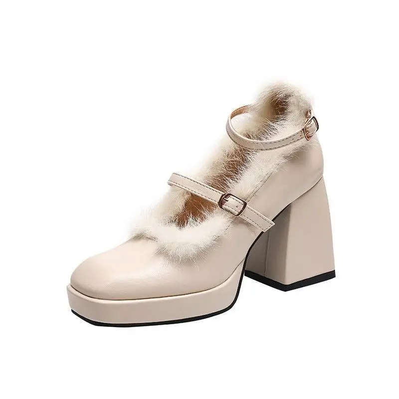 النمط الفرنسي فروي عالية الكعب كعب سميك قصير المرأة الصيف المخملية مشبك حذا فردي للسيدات الكورية نمط كعب منخفض ماري جينس #5