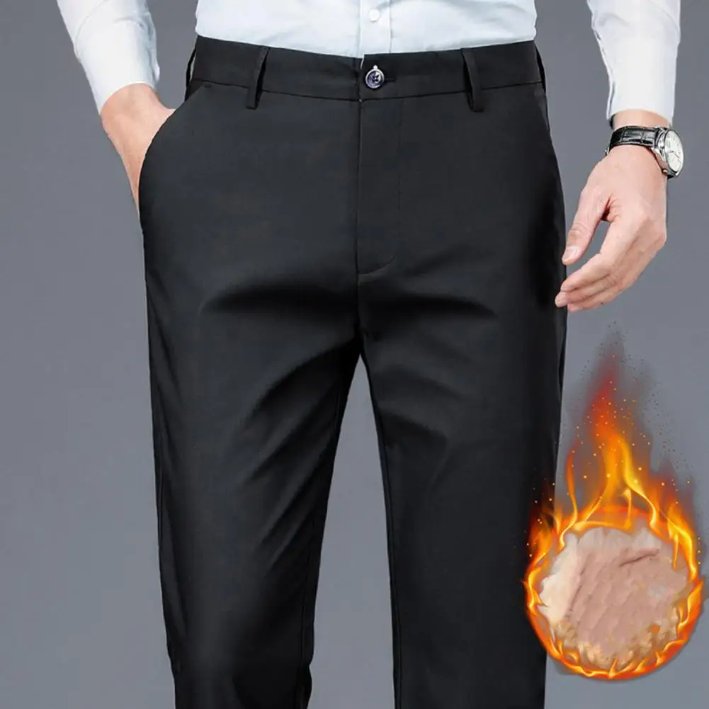 Men Warm Suit Pants Soft Thickened Plush Men's Business Pants Wrinkle-free Straight Leg Mid Waist Elastic for Office for Men