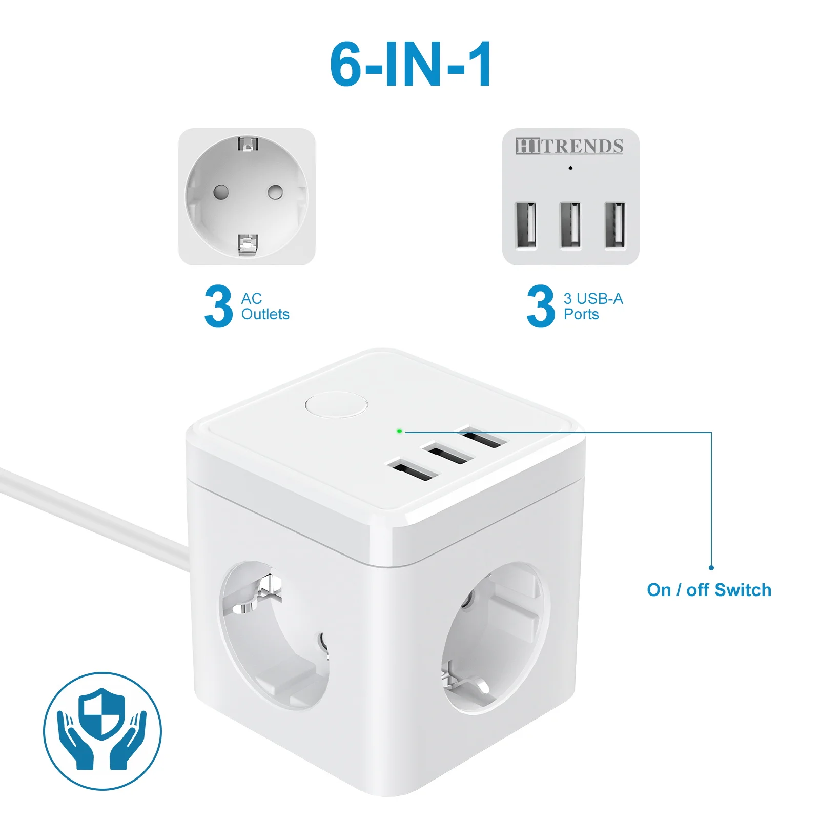 EU plug cube power socket, 3 AC sockets 3 USB ports Multi-socket power strip with 2m cable, with switching surge protector