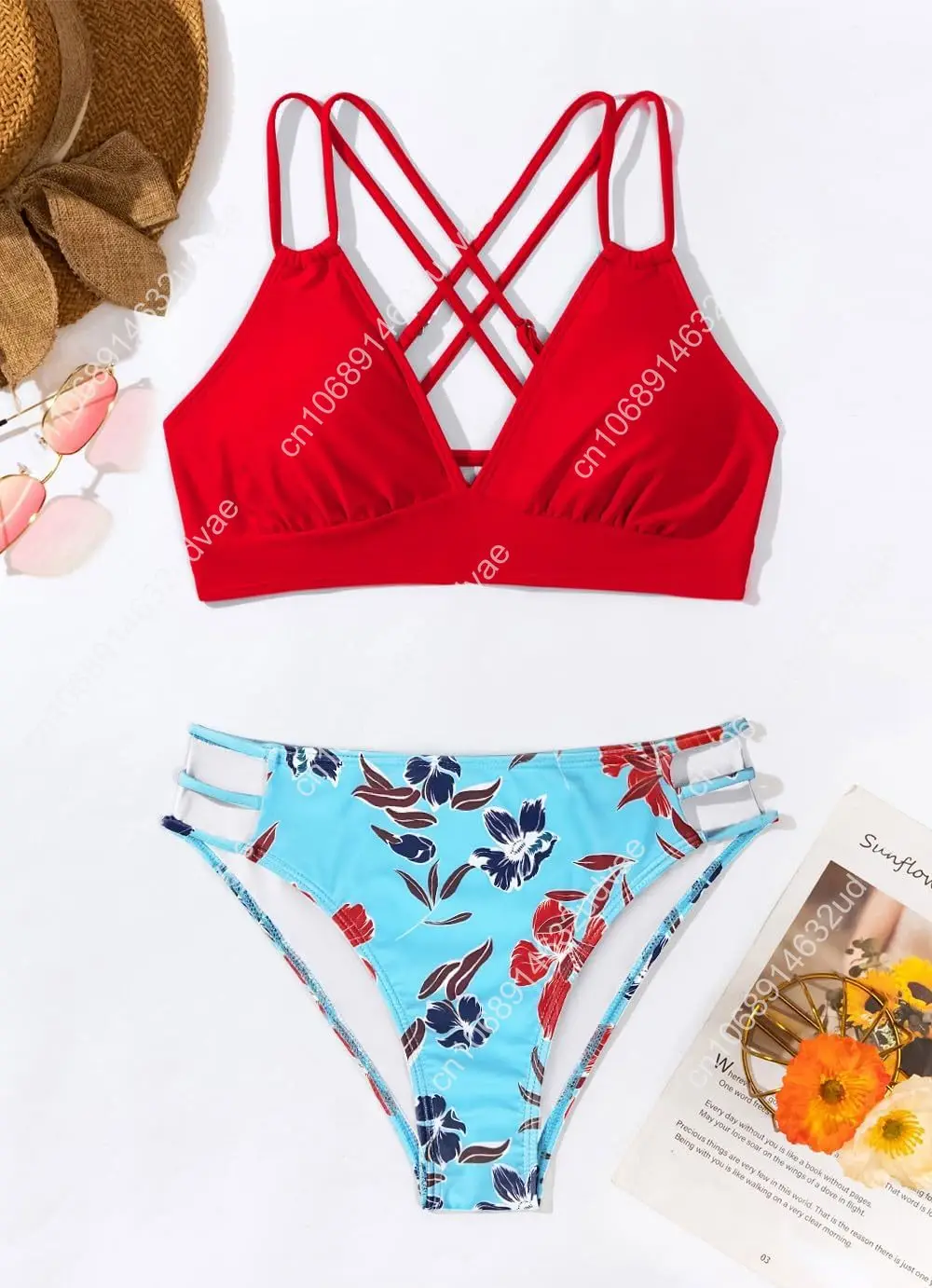Tainehs Women's Push Up V Neck Bikini Sets Criss Cross Back Two Piece Bathing Suit