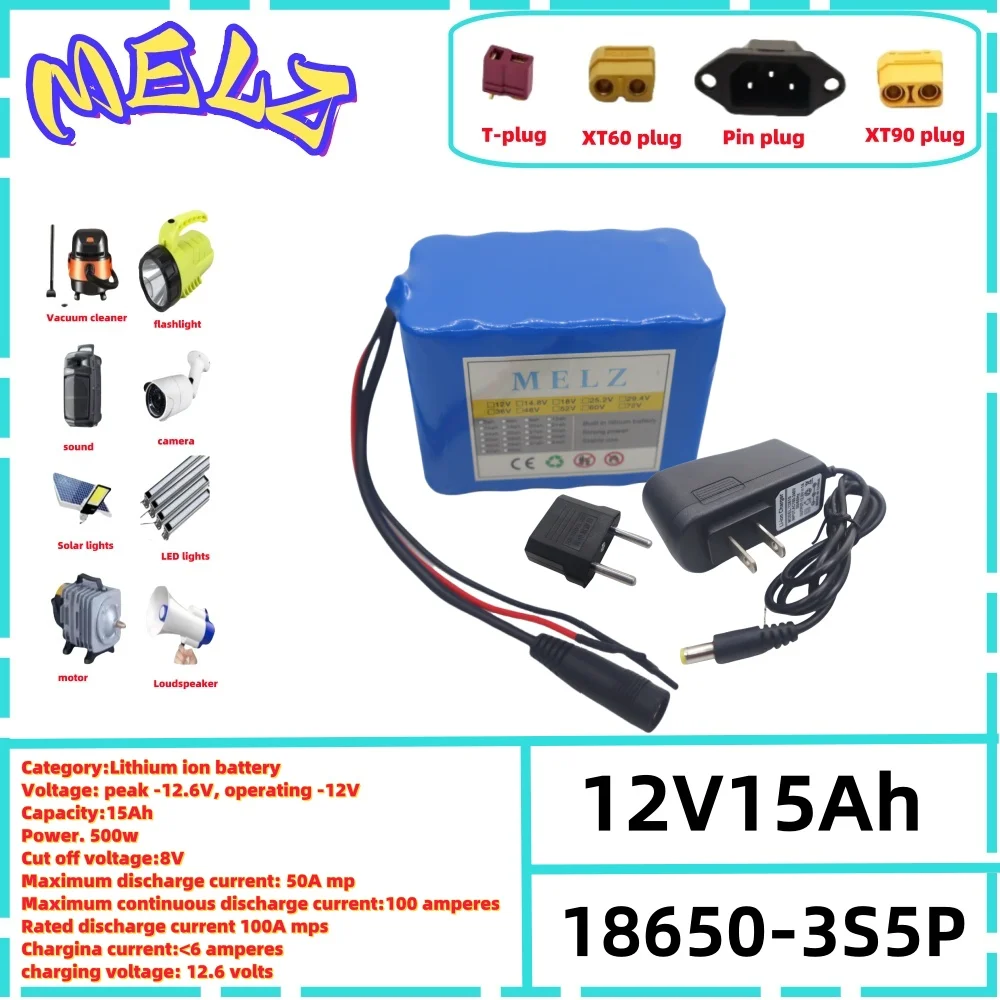 

New 12V15ah rechargeable lithium-ion battery pack, suitable for LED light backup camera 3S5P12V15000mAh mobile power Etc+charger