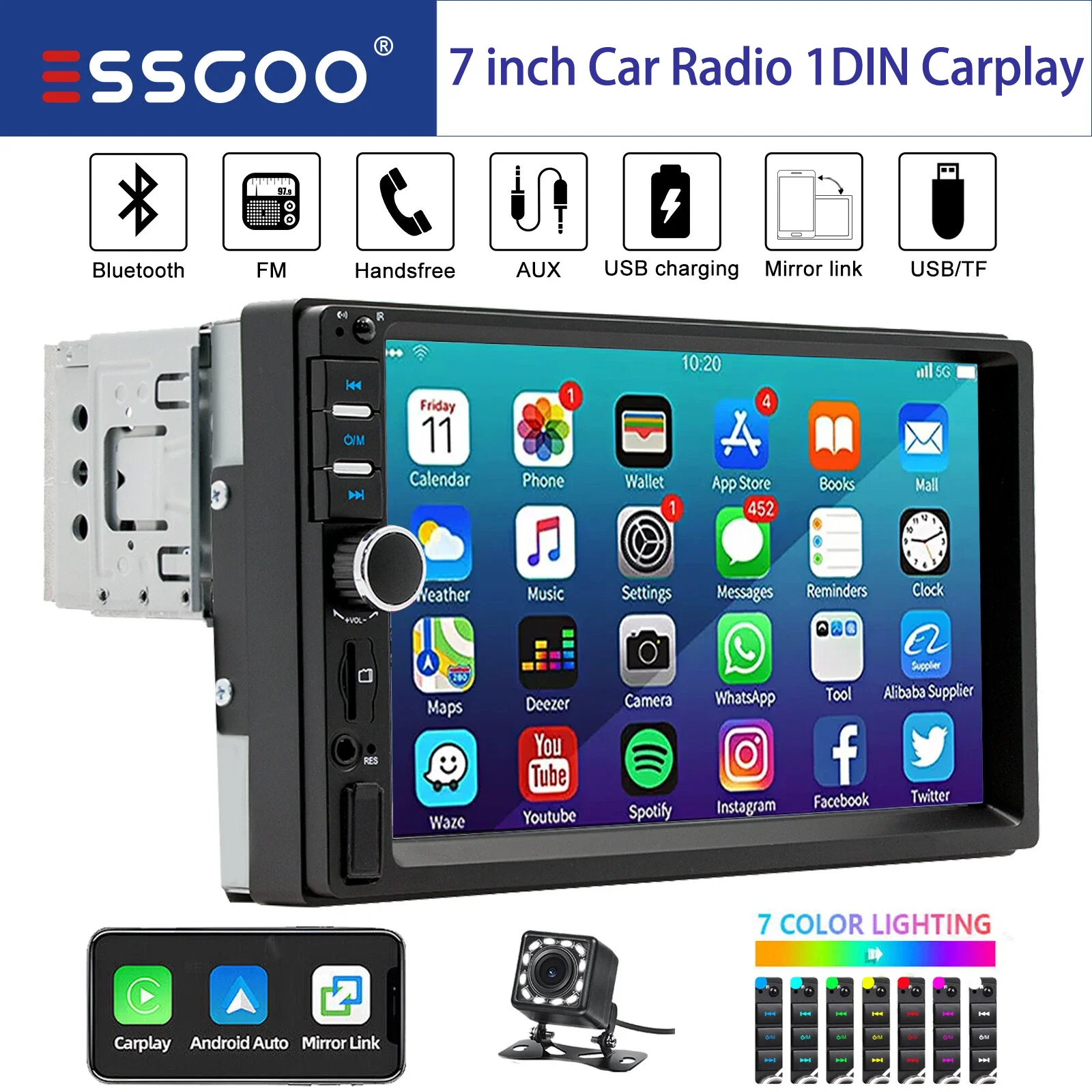 ESSGOO Autoradio Universale 1 DIN da 7 Pollici con Carplay e Android Auto, BT, TF, EQ, USB, AUX, Schermo Touch HD, Lettore Multimediale MP5