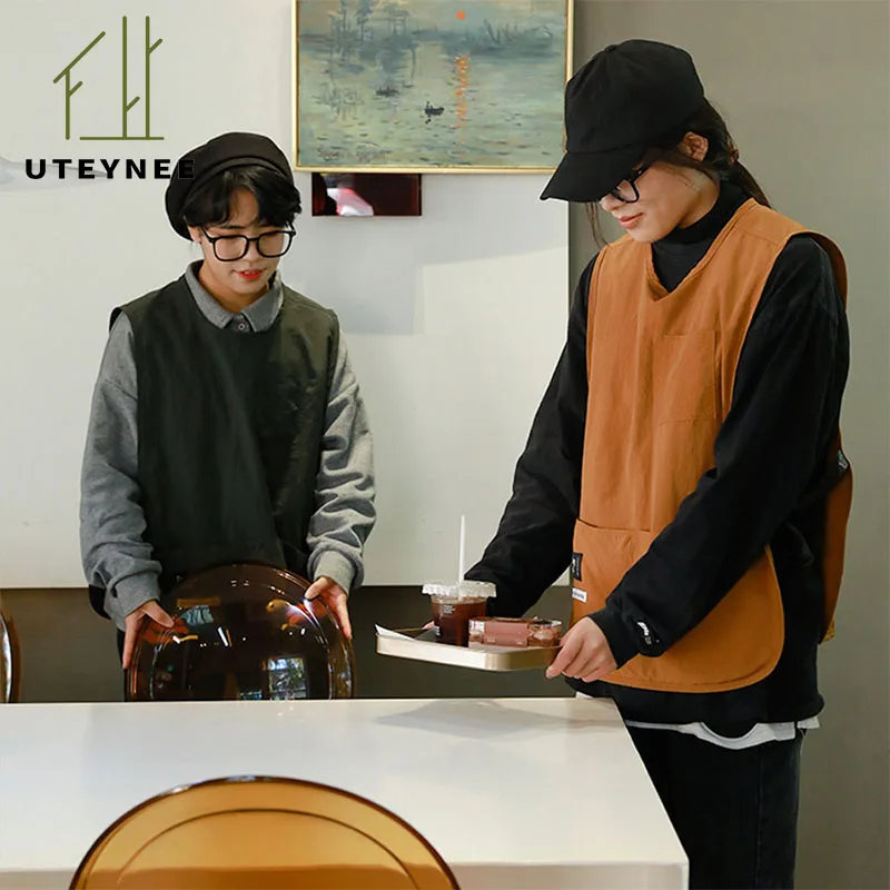 Large Size Waterproof Work Apron for Kitchen Catering Cafe with Pockets Oilproof Polyester Barista Waiter Vest Apron Men Women
