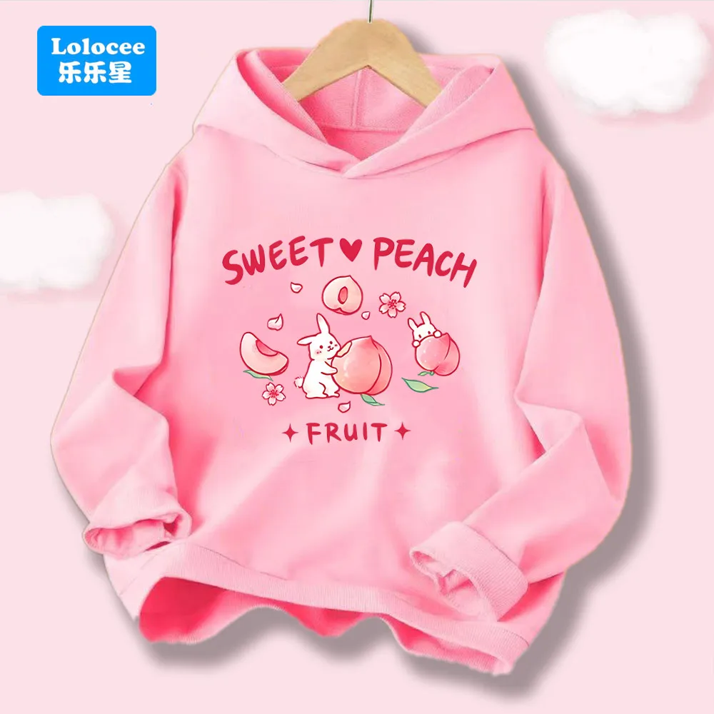 Lolocee Girls' Hoodie,Sweet Peach Fruit And Bunny Graphic Hoody Sweatshirt, Comfortable Kids' Long Sleeve Pullovers Top TZ01