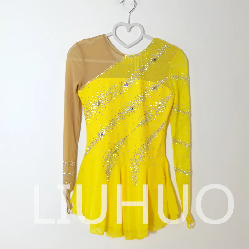 LIUHUO Ice Figure Skating Dress Girls Women Teens Stretchy Spandex Yellow Competition Dress Wholesale