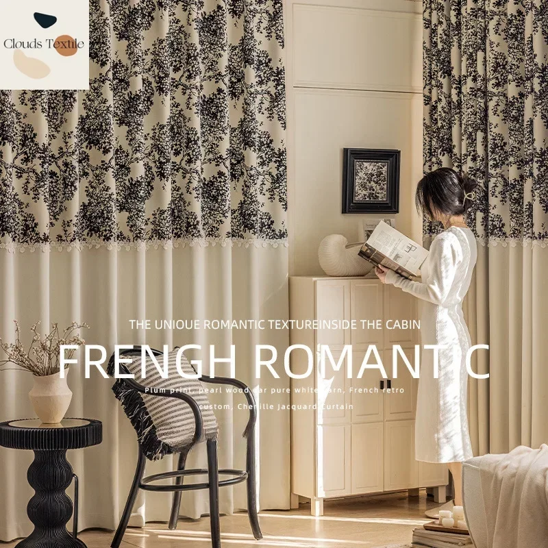 

French Vintage Chenille Print Luxury Curtains For Living Room Bedroom Blackout Arbutus Tree Cream Lace Stitching Tulle