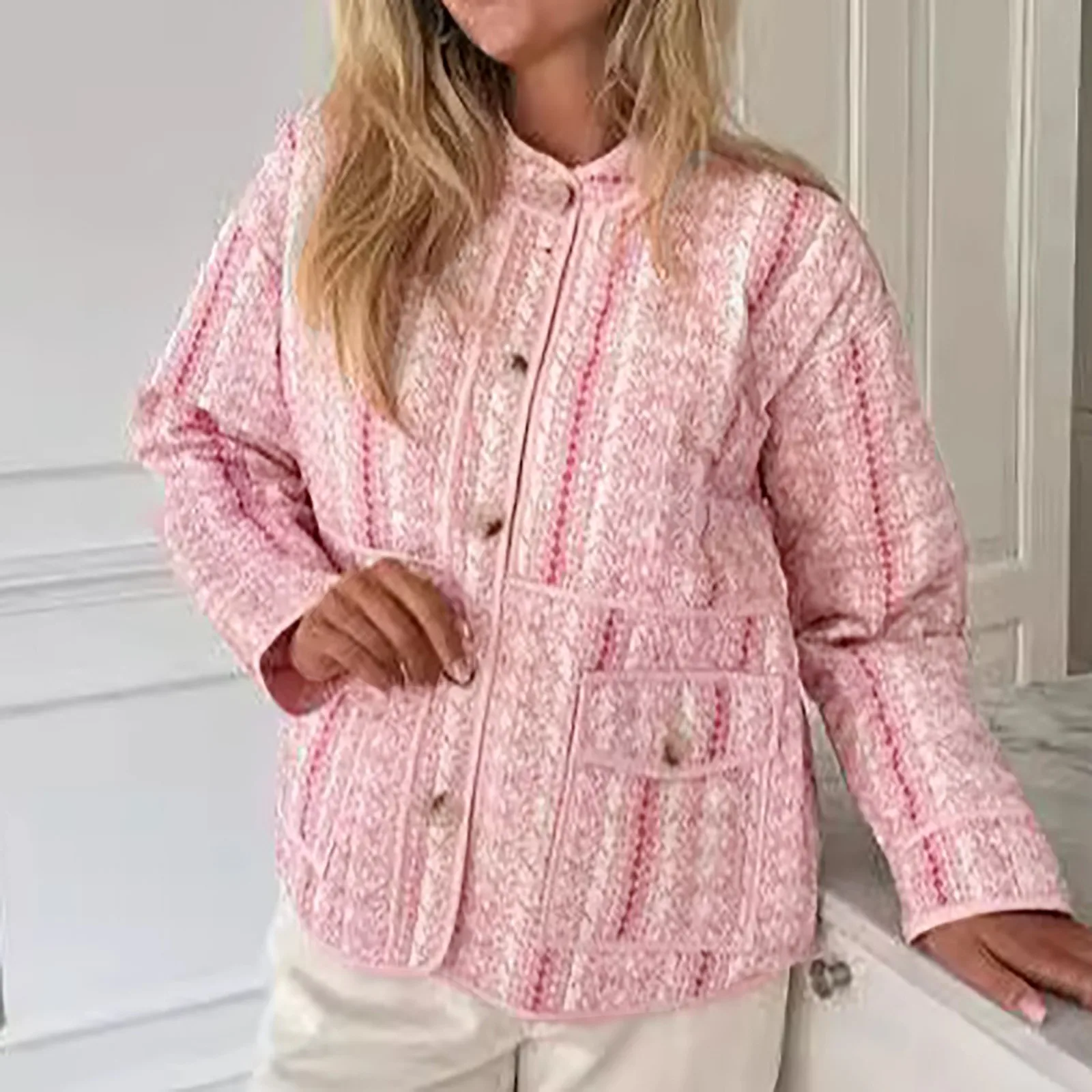 Women's Cropped Jacket Floral Print Padded Quilted Coat Long Sleeve Lightweight Vintage Open Front Padded Cardigan Outcoat