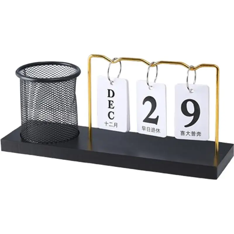 

Desk Pen Holder With Calendar Perpetual Block Calendar Wooden Desktop Calendar Multifunctional Desktop Ornaments Simple Reusable