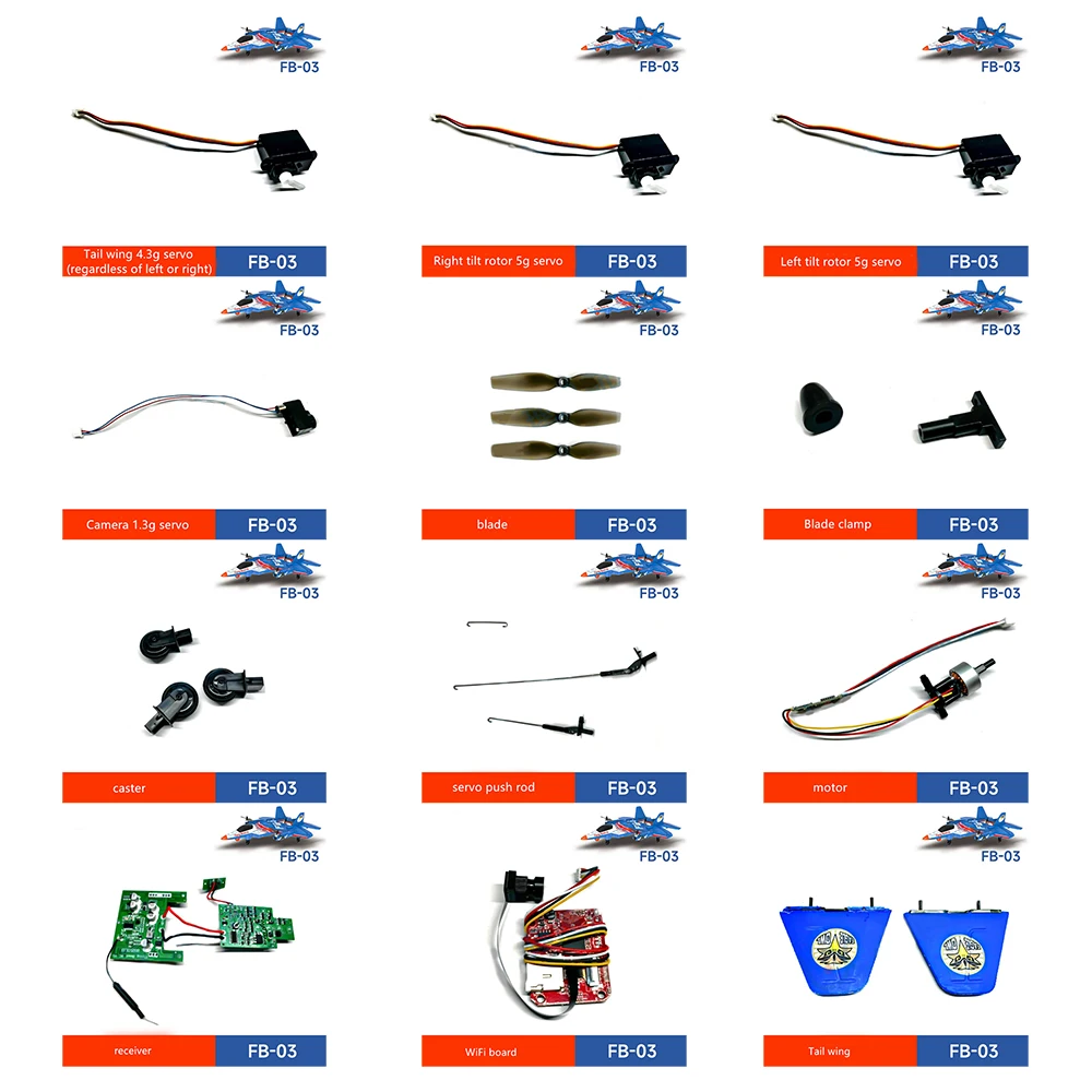 

FB03 FB-03 RC Drone Plane Spare Parts Blade clamp Motor Servo pull rod Tail wing Caster Receiver WiFi board