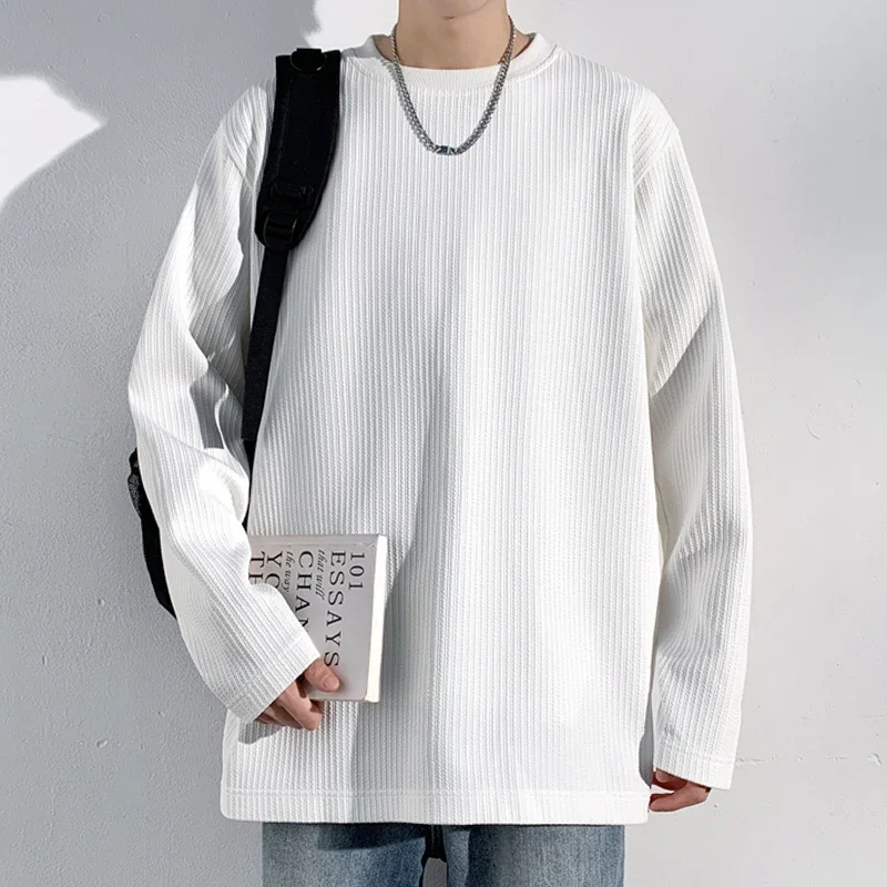 Men Vertical Rib Knit Crew Neck Long Sleeve Top Loose Oversized Fit Breathable Fabric Daily Street Casual Shirt