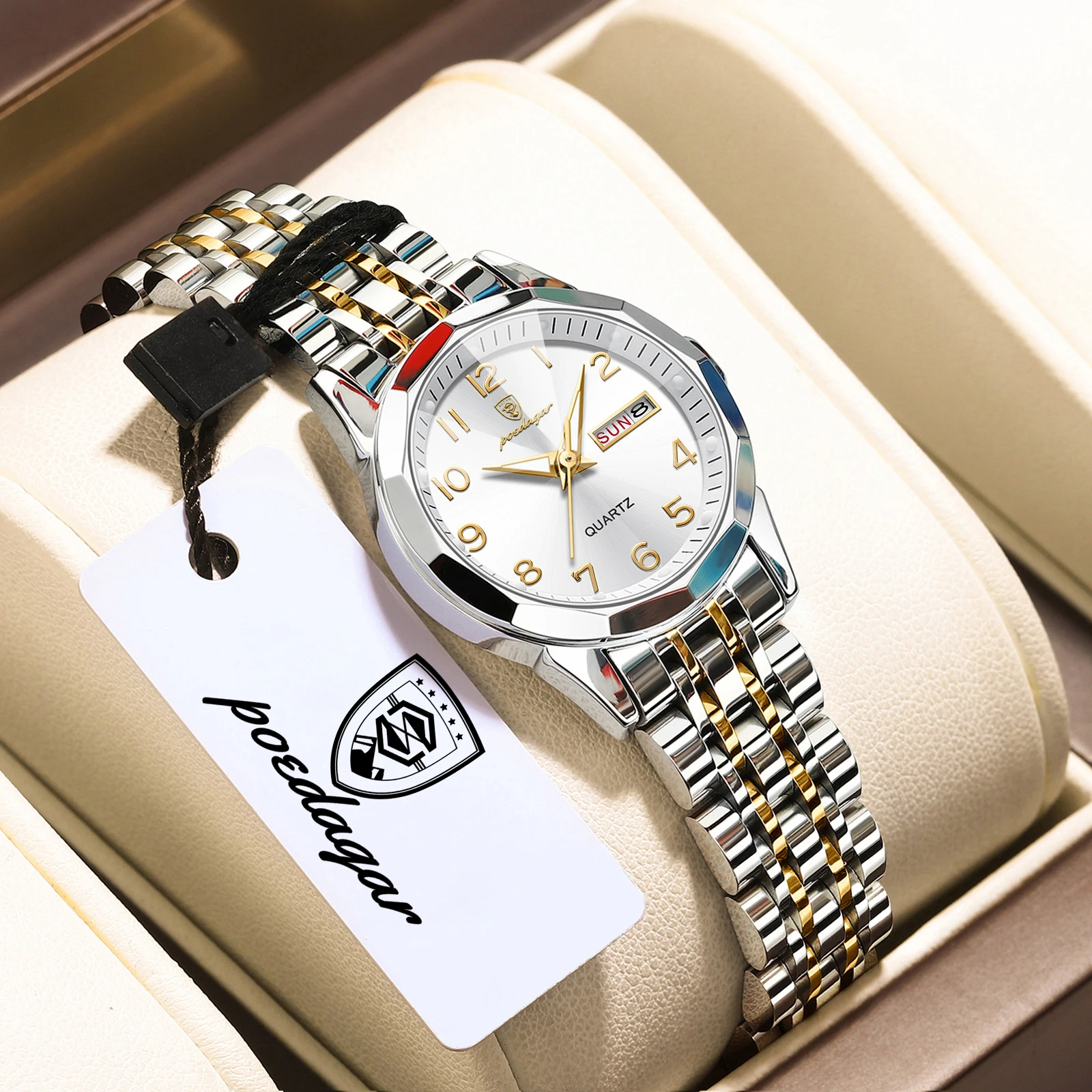 POEDAGAR Fashion Ladies Watch Waterproof Luminous Date Week Watches For Woman High Quality Quartz Stainless Steel Women's Watch