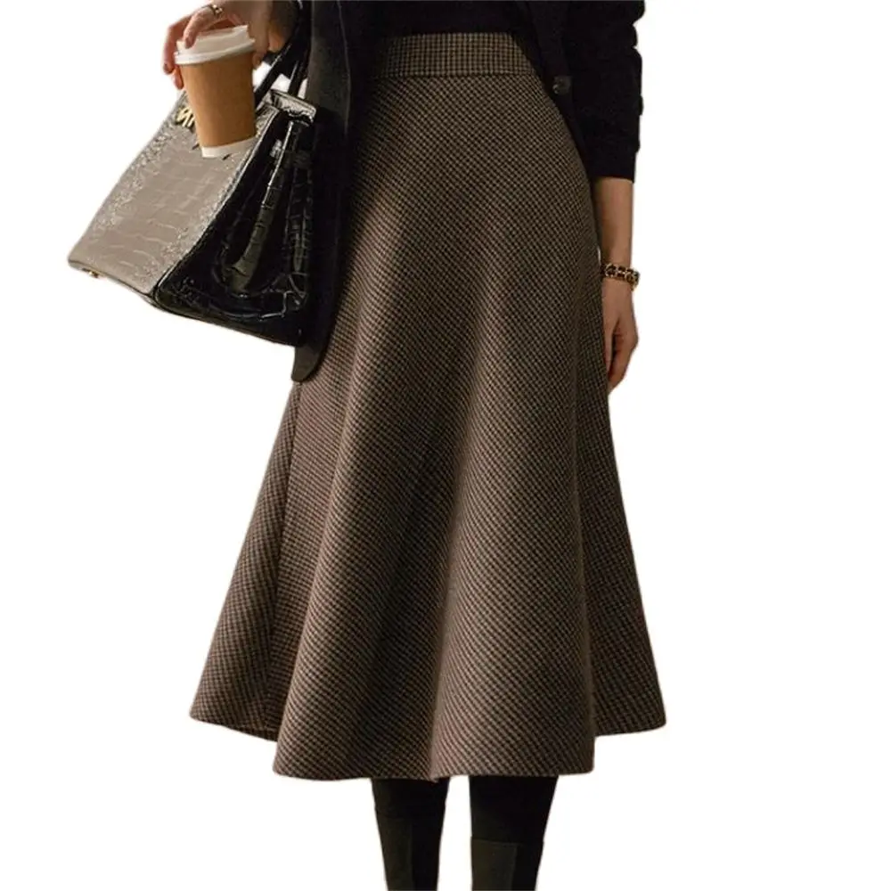 

Vintage Plaid Woolen Skirts Women'S Clothing Winter High Waist Warm A-Line Pleated Skirt Ol Elegant Maxi Skirt Femme Saia Longa