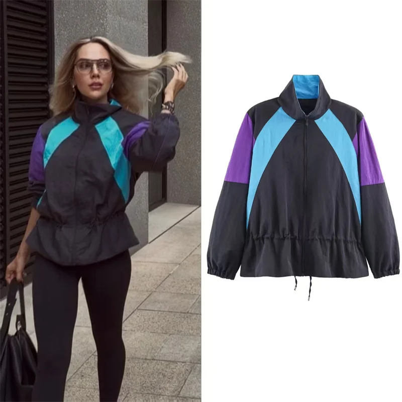 Guobioziy 2026 Women's Jacket Fall New Color-Block Long Sleeve Loose Stand Collar Sporty Parka European and American Stylish