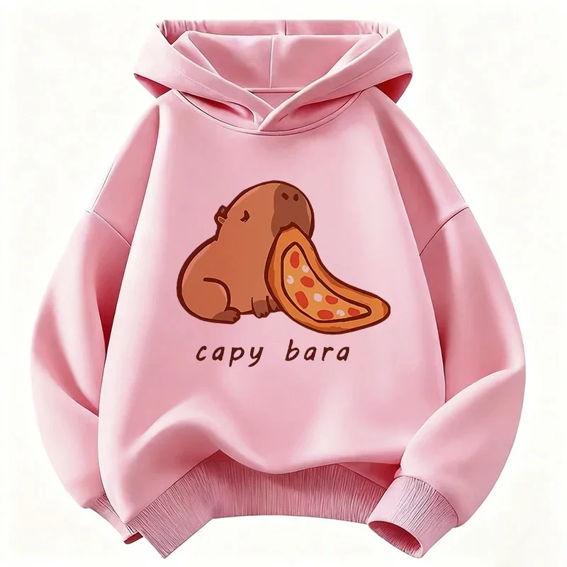 This stylish children's hooded sweatshirt for fall and winter features a cute and versatile cartoon capybara eating pattern.