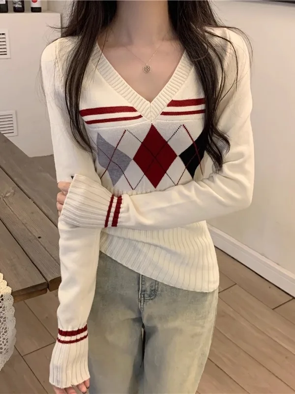 Hong Kong Style Color Block Long Sleeve Knitted Sweater Women's Spring Autumn Winter Slim Fit Base Shirt Trendy Inner Wear Top