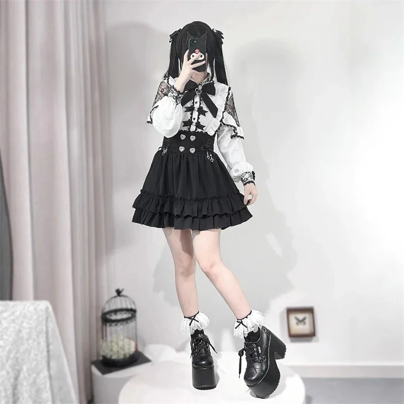 Japanese Y2K Gothic Lolita Two Piece Set Black White Lace High Waist Ruffled Mini Skirt Slimming Outfit Teen Girls Autumn Gift view 5