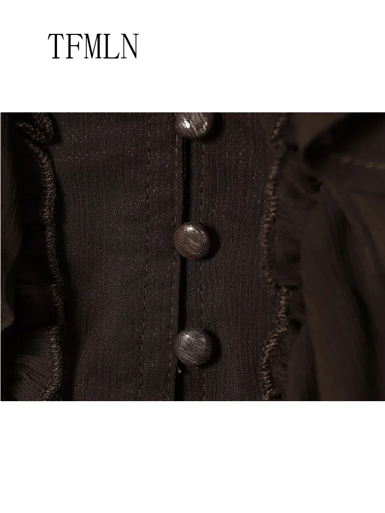 เสื้อเบลาส์ผู้หญิงทรงหลวมแบบมีชั้นสำหรับฤดูใบไม้ผลิ/ฤดูร้อน ปี 2026 ดีไซน์หรูหรา แขนยาว ผ้าบางเบา ติดกระดุมแถวเดียว แต่งระบาย