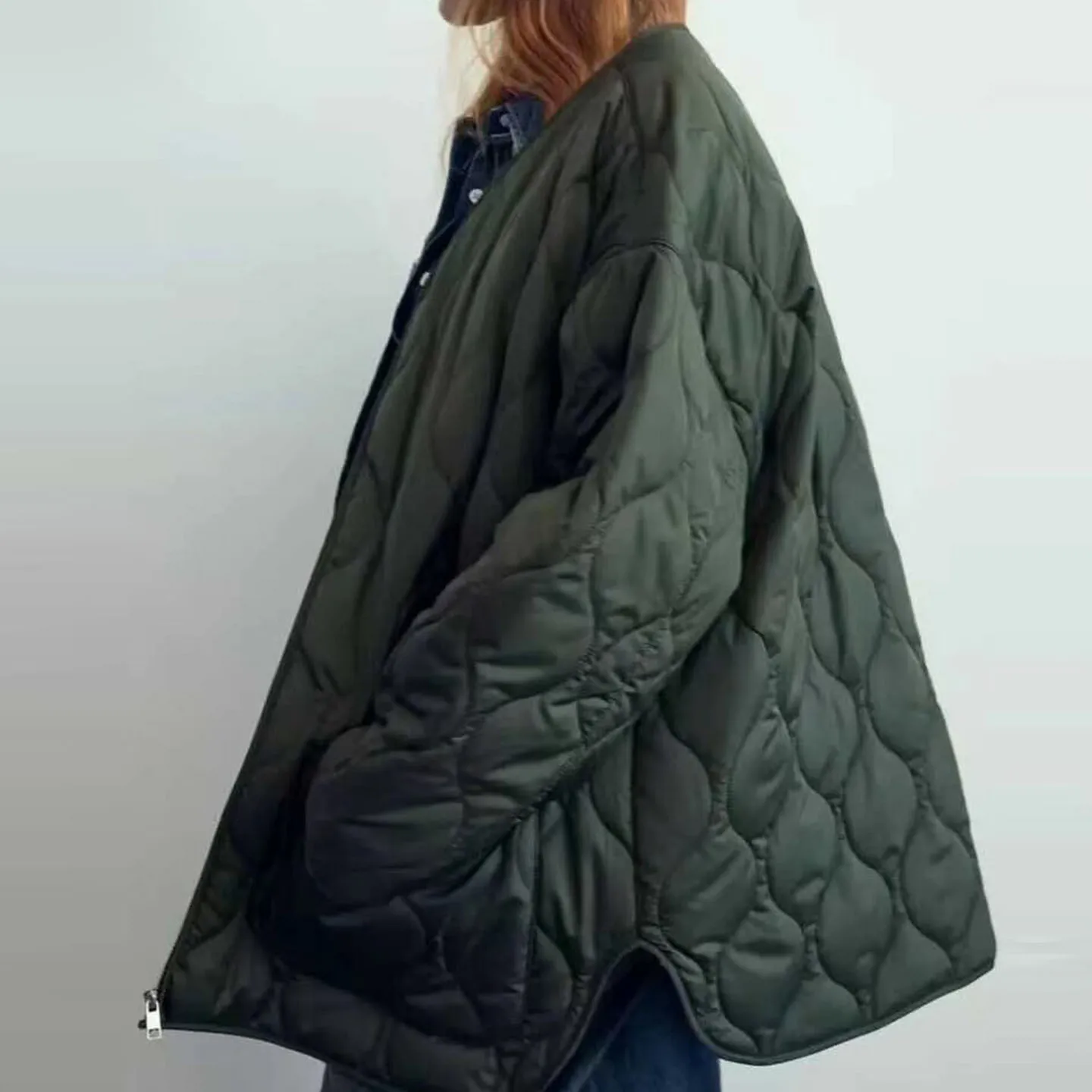 Loose Long Sve Jaet Simple Design Autumn New Women's Faion Outerwear Z Commute Sle V-Ne Zipper Pure Color