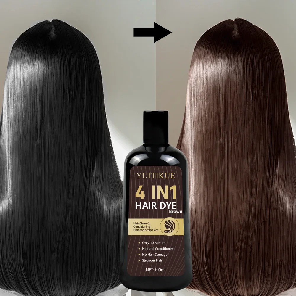 YUITIKUE 4 IN 1 Brown Hair Dye Shampoo 100ml - 10 Min Fast Color No Damage Stronger Hair Care