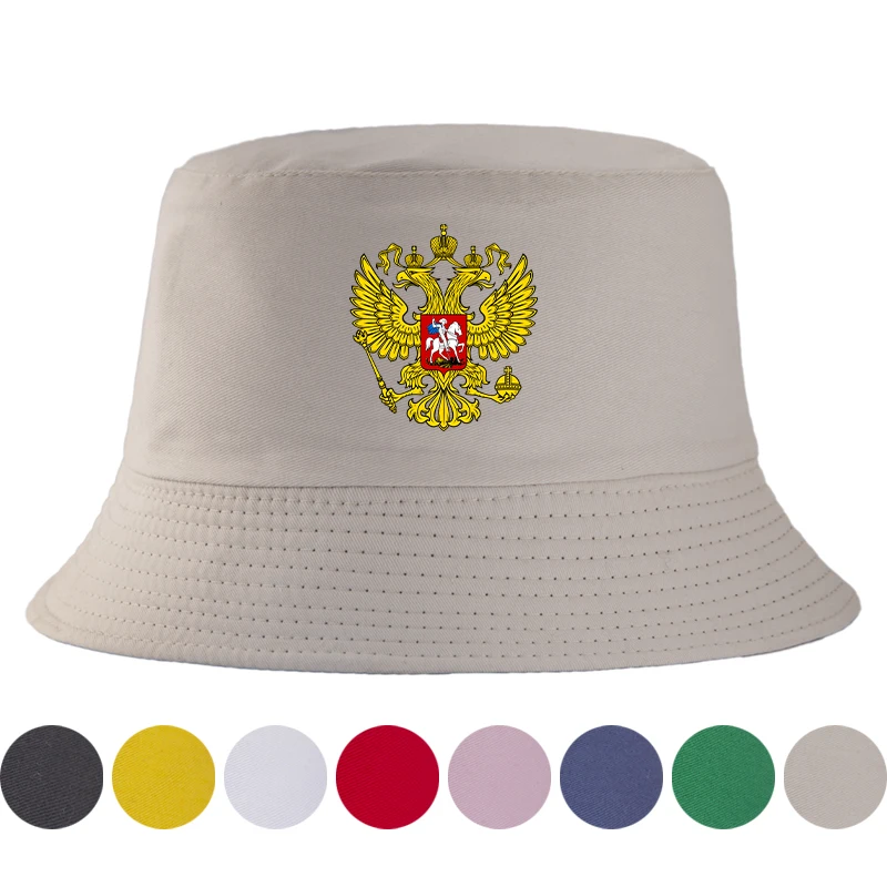 Russian State Emblem Bucket Hat Golden Double Headed Eagle Print Fisherman Cap Unisex Outdoor Casual Sun Hat Summer Cotton Hat