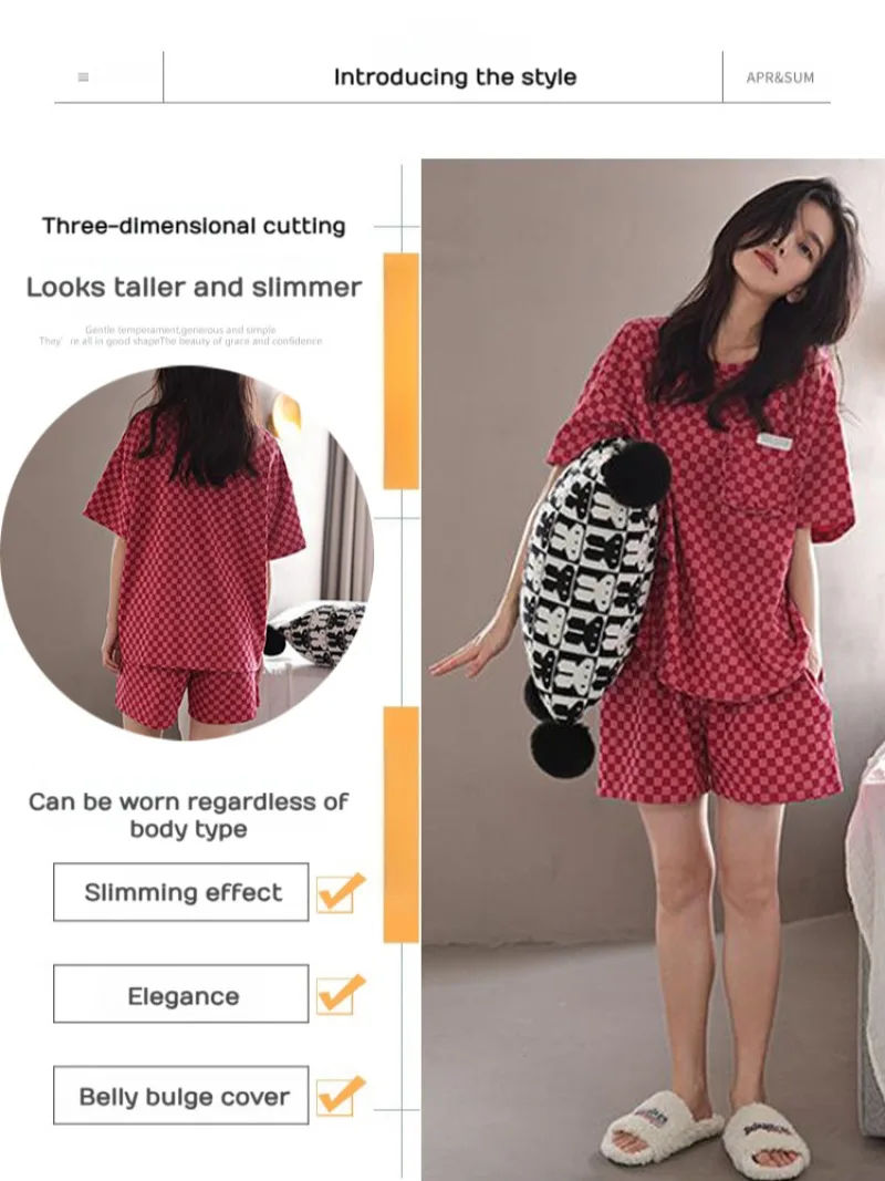 Women\'s cotton pajamas long pants plaid shorts home wear imitation cotton pajamas home suit