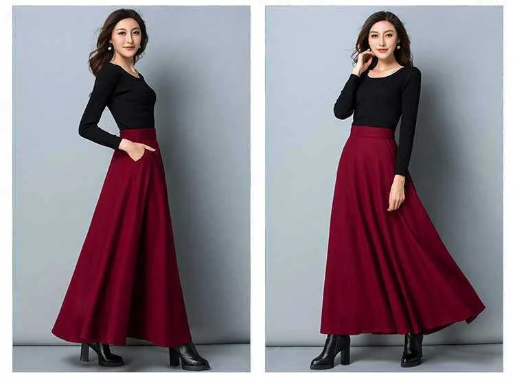 Autumn Winter Black Gray Large Size Woolen Long Skirt Women Fashion Korean Ladies Red High Waist Festival Pleated A-line Skirts
