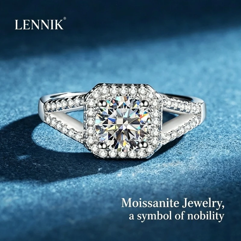 

LENNIK S925 Sterling Silver Moissanite Ring Ring Classic Proposal Female 1 Carat Square Pack Four Claw
