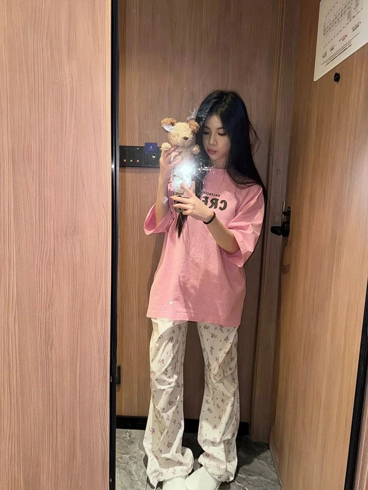 กางเกงขายาวปักลายดอกไม้ทรงหลวมสบายสำหรับผู้หญิง สไตล์ลำลอง ผ้าพลิ้ว ทรงตรง รุ่นใหม่ล่าสุดสำหรับฤดูใบไม้ผลิและฤดูใบไม้ร่วง