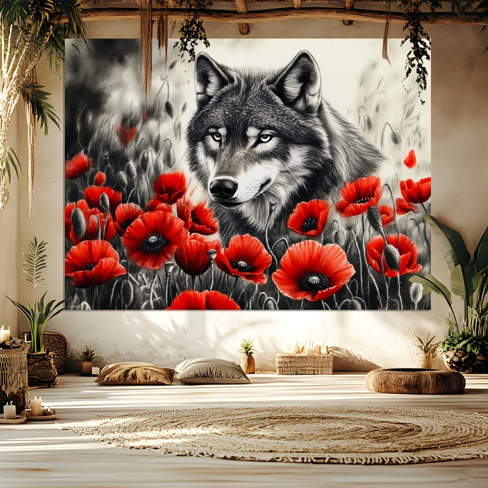 tapecaria-de-lobo-em-papoulas-–-arte-monocromatica-flores-vibrantes-pele-detalhada-e-contraste-dramatico-para-decoracao-de-casa-em-negrito-e-exclusiva