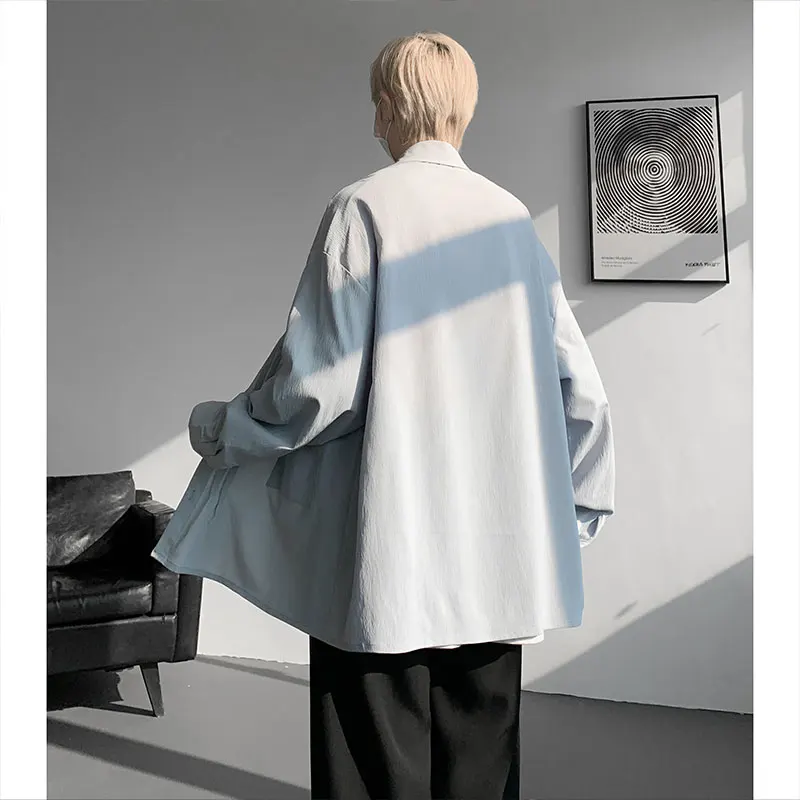 M-XXXXXL Solid Color Long Sleeve Casual Shirt Single Breasted Pocket Loose Fit Blouse Spring Autumn Top Streetwear Clothing Men