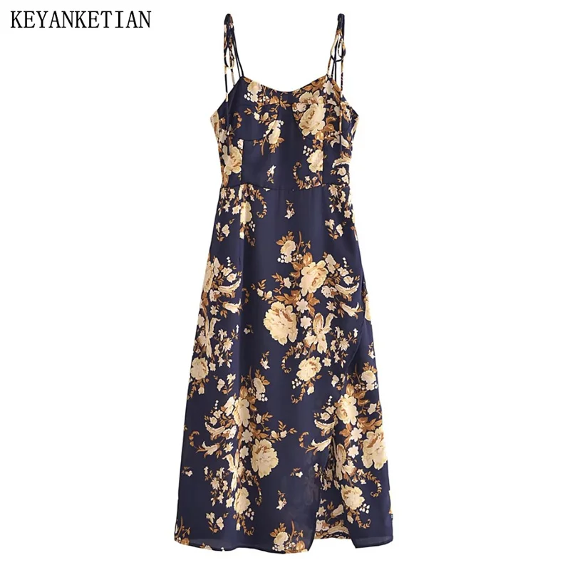 

KEYANKETIAN New Summer Women's Garden Floral Print Halter Dress Holiday Wind High-Waisted Slit Sleeveless MIDI Dress Long Skirt