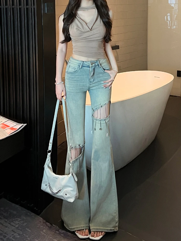 Light blue distressed washed micro flared jeans for women high waist 2025 summer slim fit floor pants trend