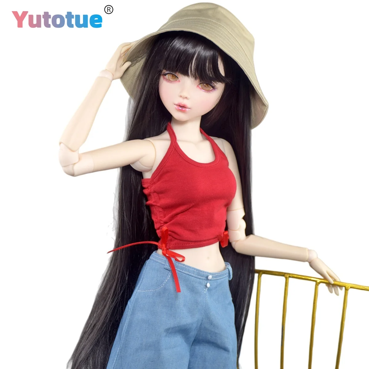 

YUTOTUE 56cm Height Pretty Girl Doll Vest Shorts Black Long Wigs Handpainted Makeup Face Lifelike BJD Toy
