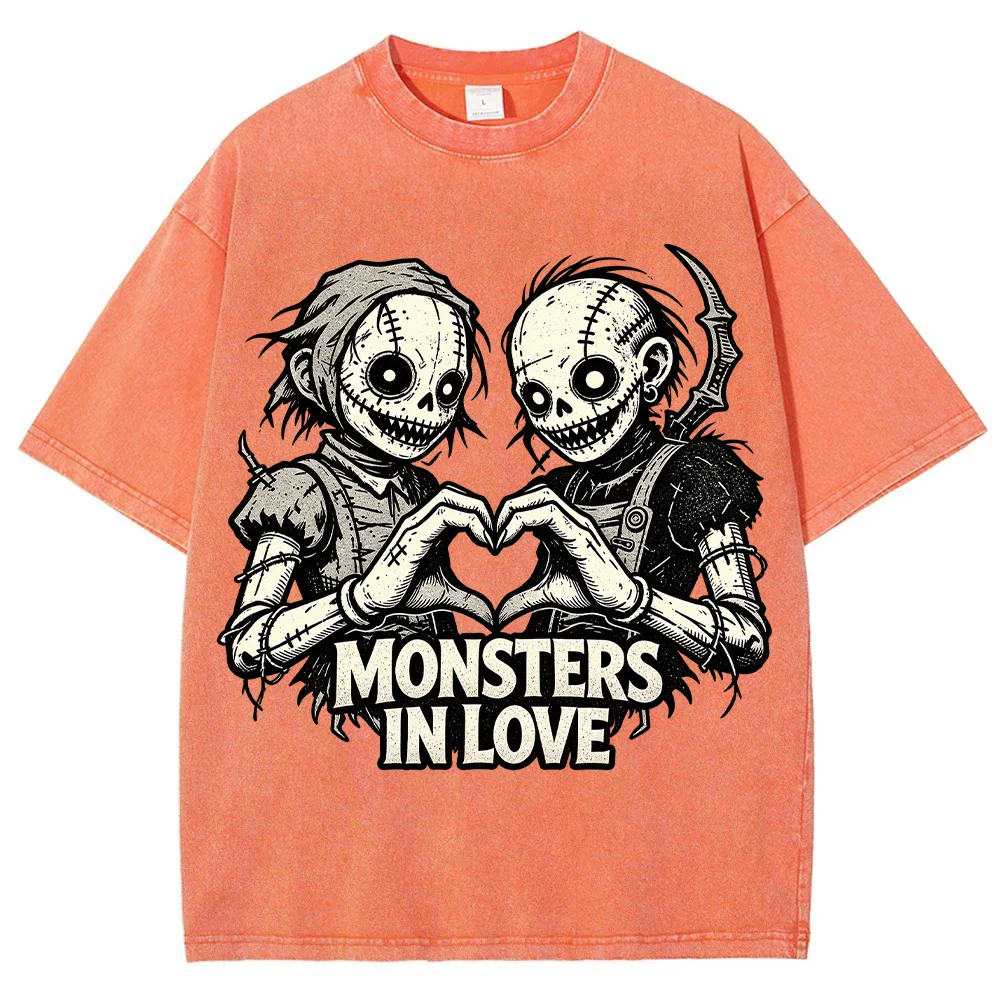 Unisex Monsters In Love Graphic Print Vintage Washed Short Sleeve T Shirt Casual Streetwear Summer Top