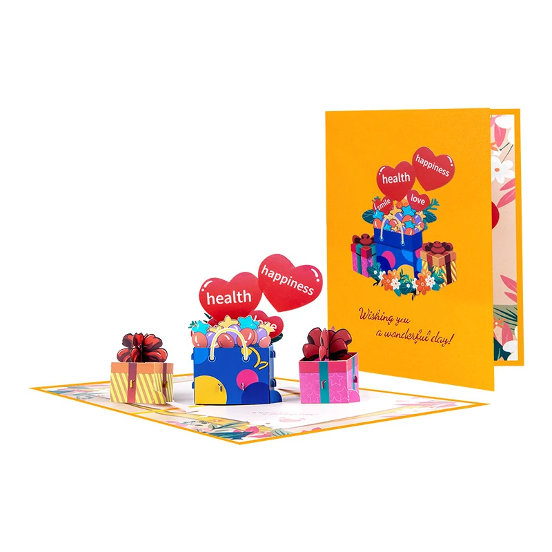 

2Pcs Creative 3D Pop-Up Greeting Cards Birthday Cards Handmade Paper Cutout Gift Cards with Heart Health and Happiness Themes