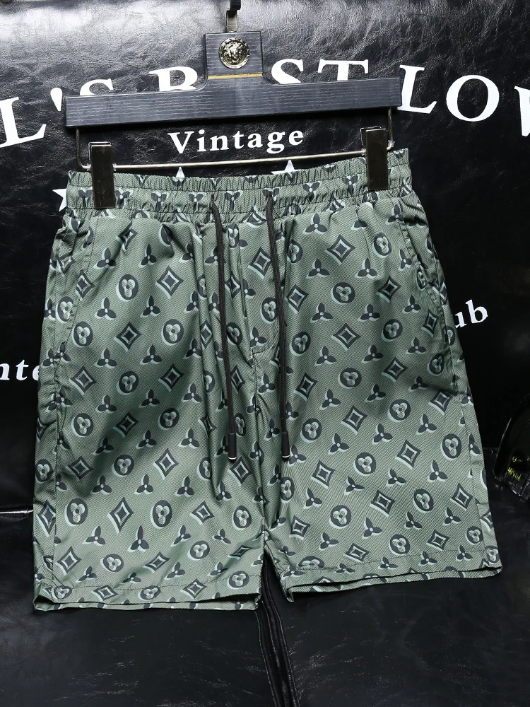 

High-End Ice Silk Printed Slim Fit Men's orts Summer Faion Qui Dry Beach Pants Breathable Polyester Fiber mid Waist