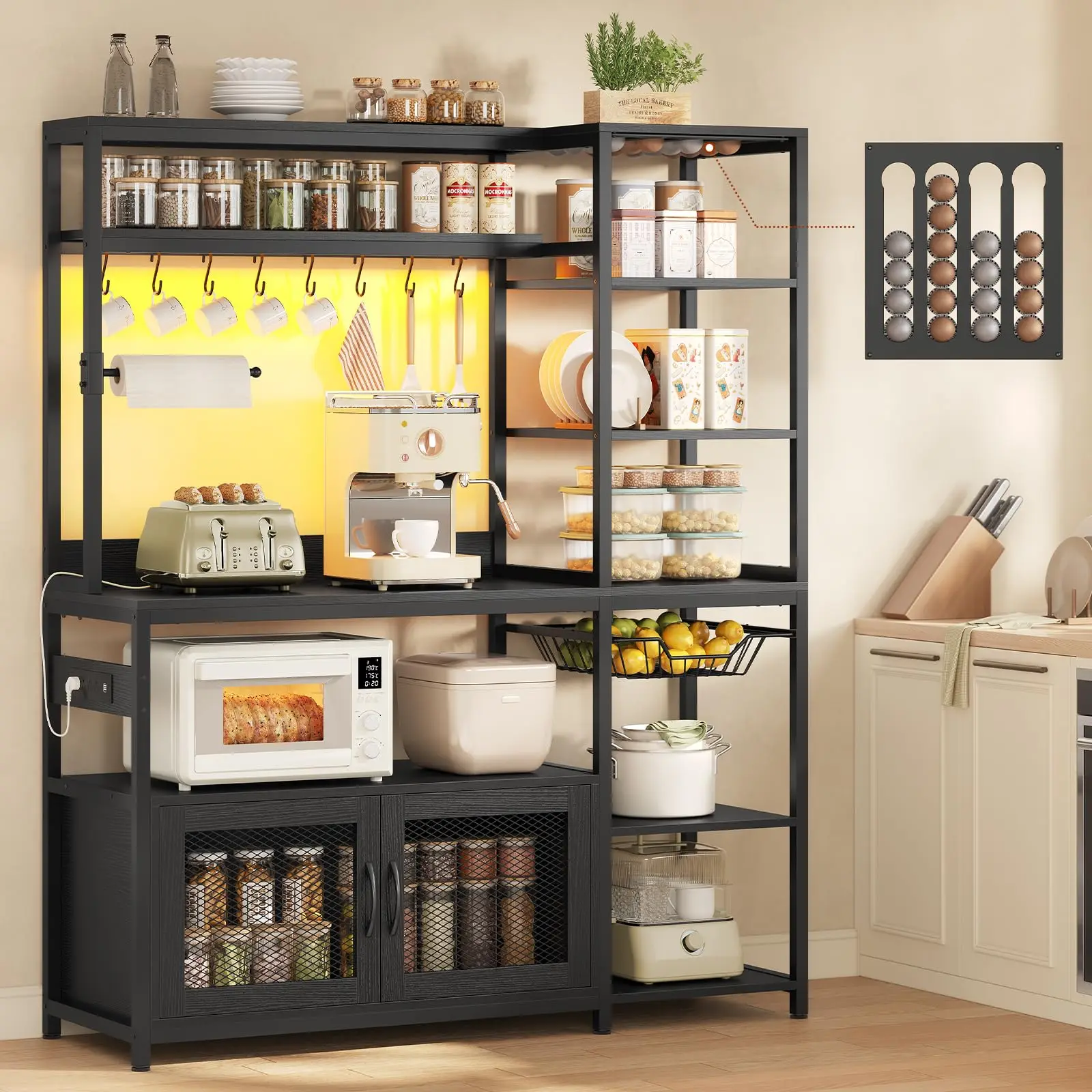 47.2 in Bakers Rack, Coffee Bar with with Storage, Power Outlet, LED Light