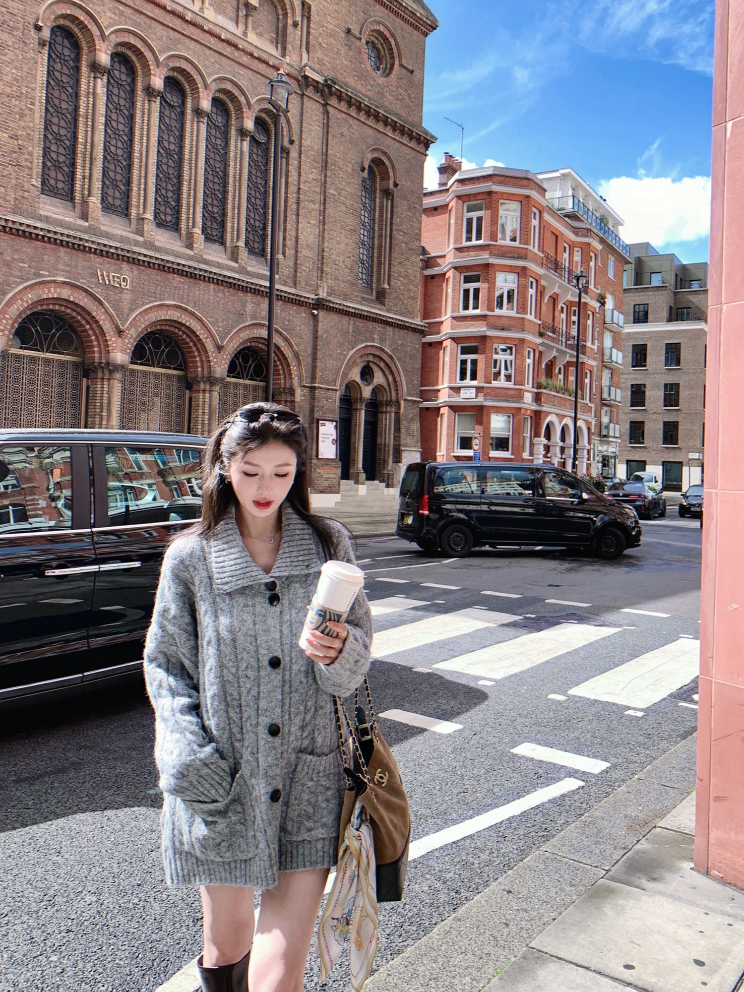 

London Fog Little Elephant Knitted Sweater Coat Women's Medium Length Knitted Open Cardigan Twisted Needle Knit Collar Stand up