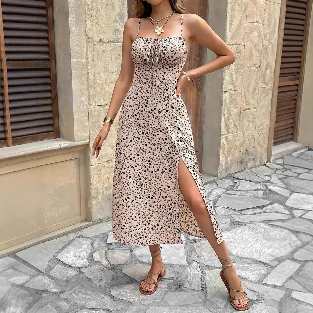 Robe longue d'été pour femmes, petite robe à imprimé Floral, Sexy, bretelles Spaghetti, Slim, taille haute, robe de soirée en boîte de nuit
