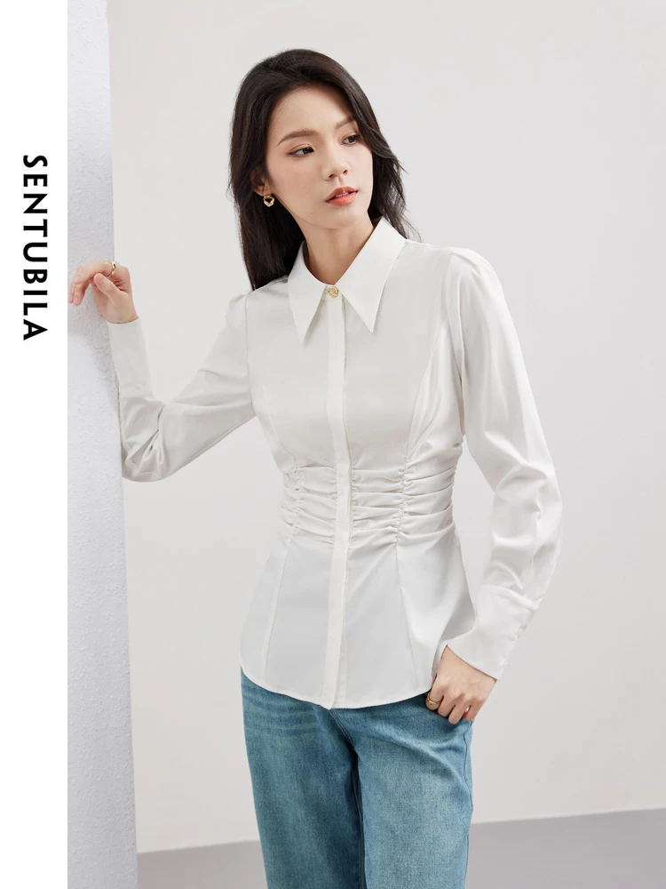 

SENTUBILA White Shirt & Blouse 2024 Spring Summer Comfort Folds Slim Polo Collar Button Up Womens Blouses Clothing 141C53334