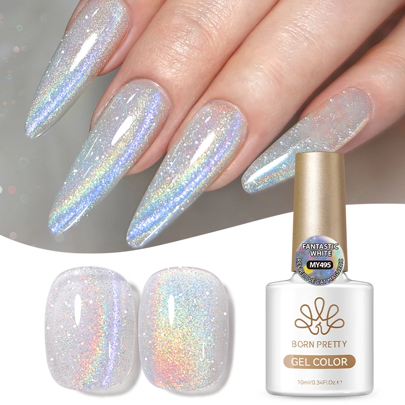 

BORN PRETTY 10ml White Reflective Cat Magnetic Gel Holographics Glitter Semi Permanent Soak Off UV Gel Manicure Nail Art Varnish