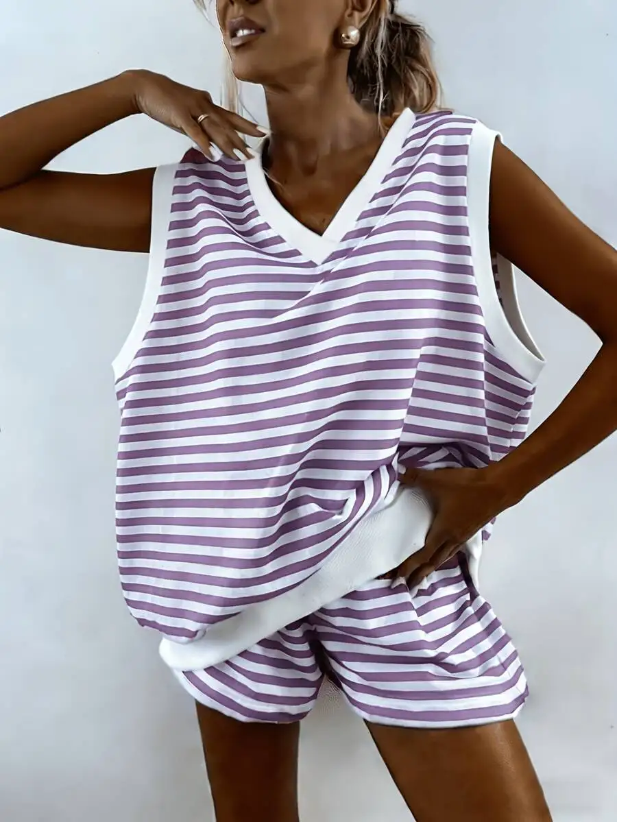 

Striped V-Neck Sleeveless Pajama Set Women Loose Comfortable Loungewear Shorts Two-Piece Summer Home Vacation