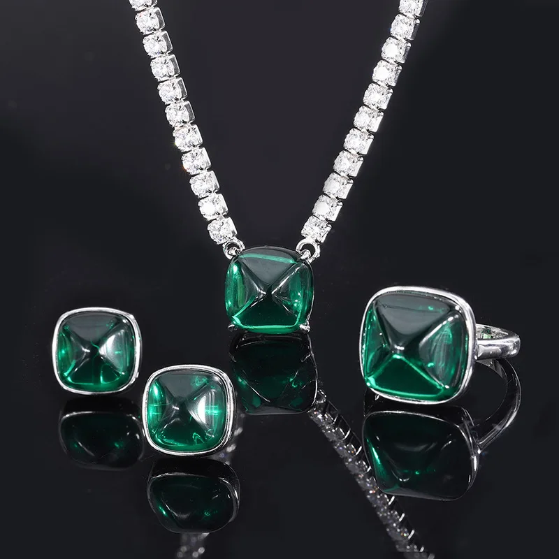 18K Gold Set with PT950 Platinum Emerald Sugar Tower Earrings Ring Full of Diamond Necklace Set 12*12