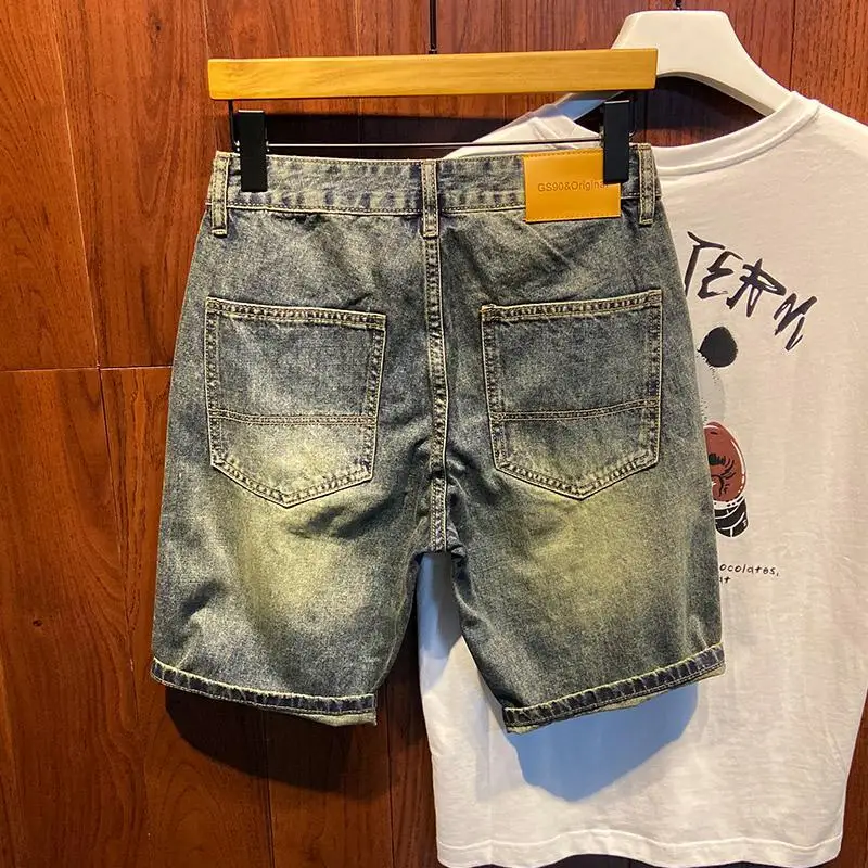 Vintage Washed Denim Shorts for Men Casual Summer Knee Length Jeans with Ripped Holes Korean Luxury Clothing Cowboy Short Pants