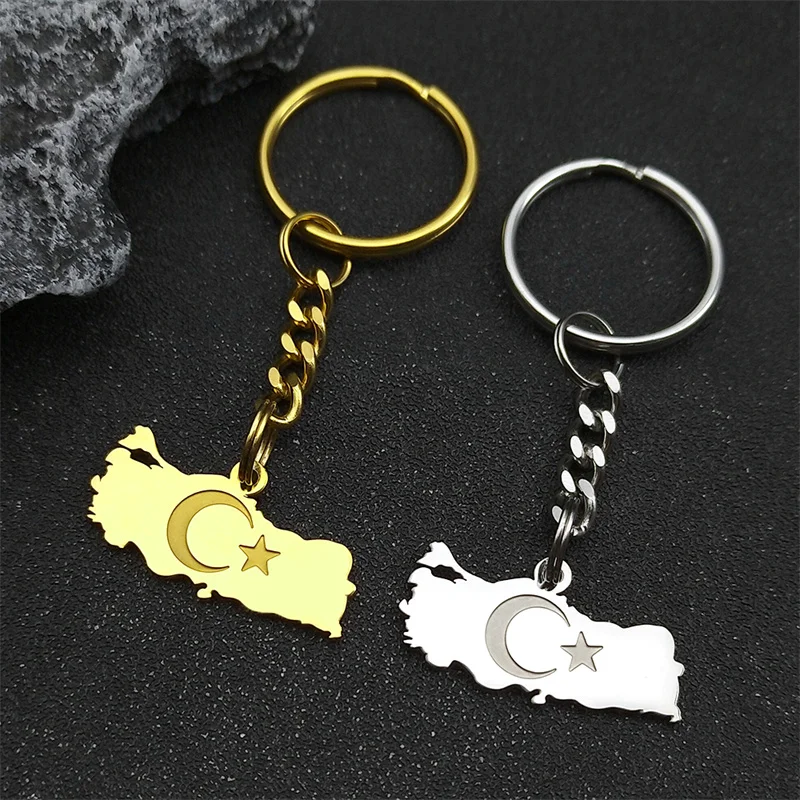 Ethnic Turkey Map Flag Keyring For Men Women Stainless Steel Gold Silver Color Turkish Country Map Moon Star Keyholder Jewelry G